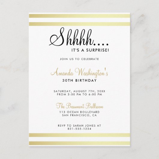 Shh... Het is een verrassing! Modern Gold Birthday Uitnodiging Briefkaart (Voorkant)
