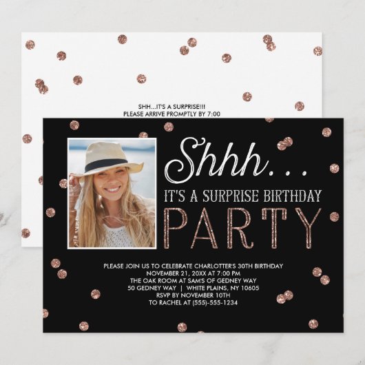 Shh Surprise Bday Party Glitter Photo Invitation Kaart (Voorkant / Achterkant)