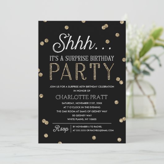 Shh Surprise Birthday Party Faux Glitter Confetti Kaart (Staand voorkant)