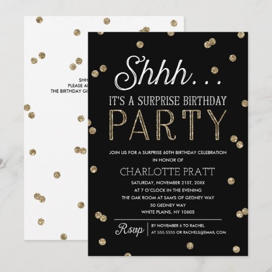 Shh Surprise Birthday Party Faux Glitter Confetti Kaart (Voorkant / Achterkant)