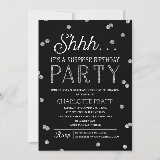 Shh Surprise Birthday Party Faux Glitter Confetti Kaart (Voorkant)