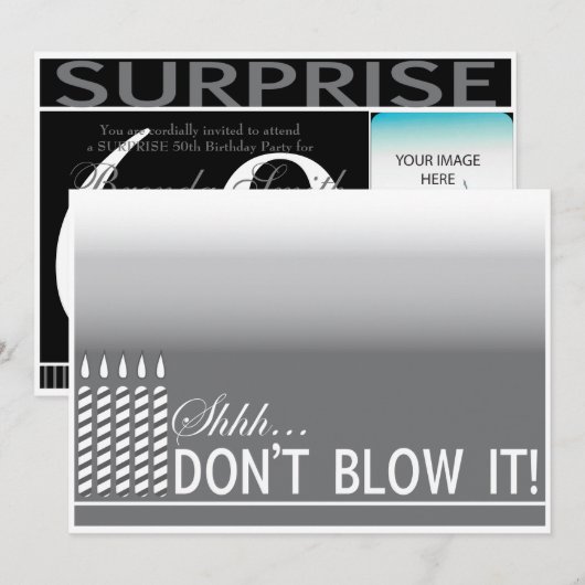 Shh Surprise Birthday Party Invitation | Zilver Kaart (Voorkant / Achterkant)