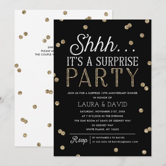 Shh Surprise Party Faux Gold Glitter Confetti Kaart (Voorkant / Achterkant)