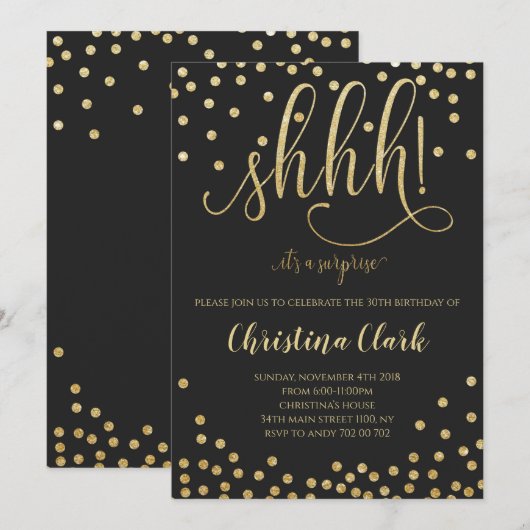 Shh Surprise Verjaardagsfeest Zwart Goud Confetti Kaart (Voorkant / Achterkant)