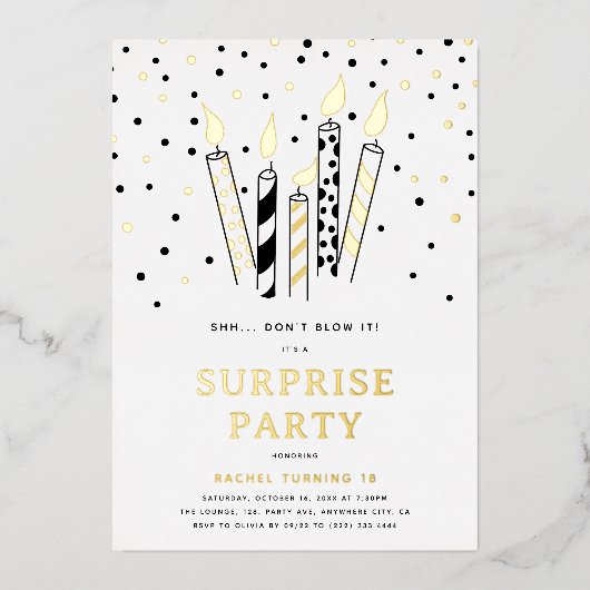 Shh... Verpest het niet! Kaarsen Verrassing Verjaa Folie Uitnodiging (Voorkant)