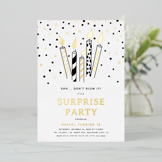 Shh... Verpest het niet! Kaarsen Verrassing Verjaa Folie Uitnodiging (Staand Voorkant)