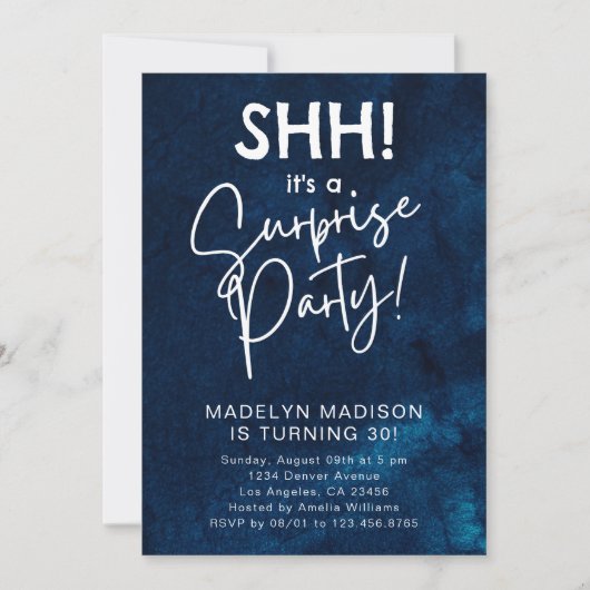 SHH! Verrassingsverjaardagsfeestje Navy Blue Water Kaart (Voorkant)