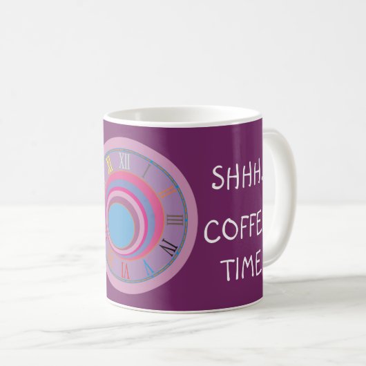 Shhh Coffee Time Clock Art Pink Blue Paarse Funny Koffiemok (Voorkant rechts)