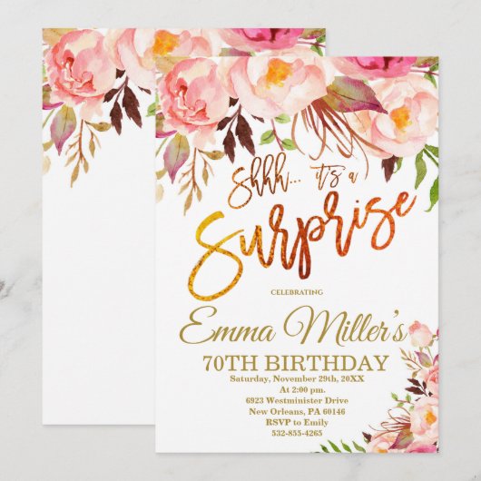 Shhh het is een Surprise Birthday Invite, Boho Roz Kaart (Voorkant / Achterkant)