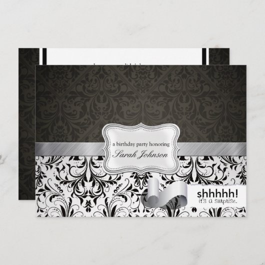 Shhh!  Het is een verrassing.  Zwart-witte Damask Kaart (Voorkant / Achterkant)