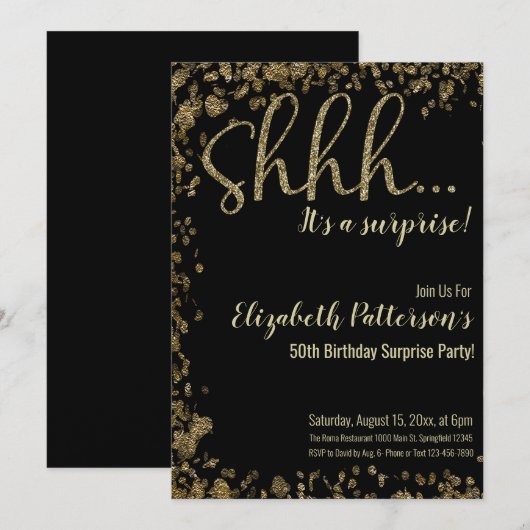 Shhh het is een verrassingsverjaardagsfeestje Gold Kaart (Voorkant / Achterkant)