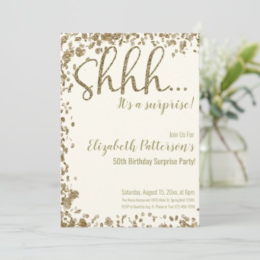 Shhh het is een verrassingsverjaardagsfeestje Gold Kaart (Staand voorkant)