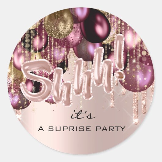 Shhh! Het is verrassend Birthday Party Balloons Bu Ronde Sticker (Voorkant)