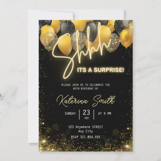 Shhh is een verrassende Gold Black Birthday Invita Feestdagenkaart (Voorkant)