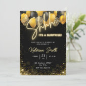 Shhh is een verrassende Gold Black Birthday Invita Feestdagenkaart (Staand voorkant)