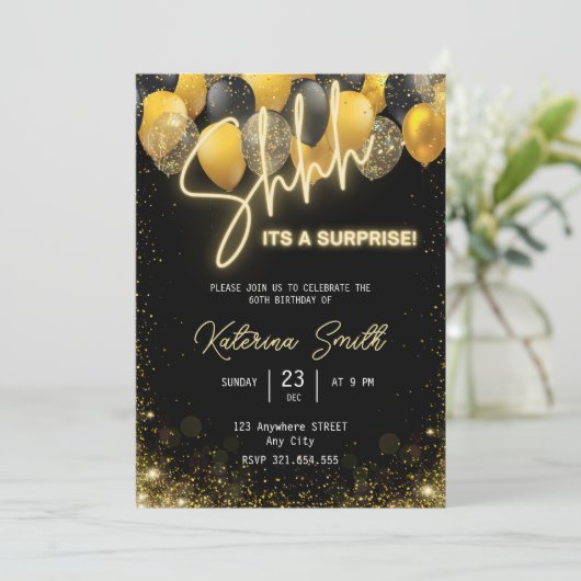 Shhh is een verrassende Gold Black Birthday Invita Feestdagenkaart (Staand voorkant)