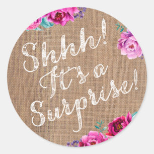 Shhh! Paarse verrassingsfeestenvelop stickers