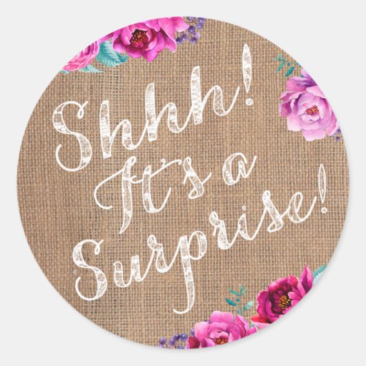 Shhh! Paarse verrassingsfeestenvelop stickers (Voorkant)