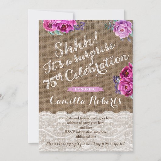 Shhh! Surprise 75th Birthday Invite Kaart, vrouw Kaart (Voorkant)
