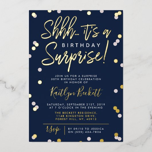 Shhh.. Surprise Birthday Party Confetti & Real Folie Uitnodiging (Voorkant)