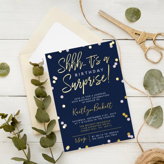 Shhh.. Surprise Birthday Party Confetti & Real Folie Uitnodiging