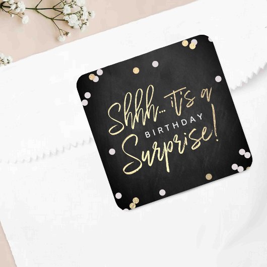 Shhh.. Surprise Birthday Party Favor Vierkante Sticker