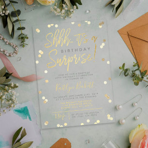 Shhh.. Surprise Birthday Party Gold Foil Confetti Acryl Uitnodigingen