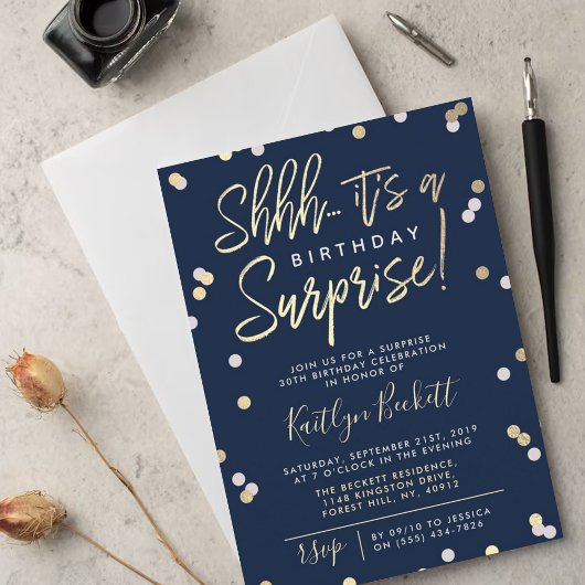 Shhh.. Surprise Birthday Party Gold Foil Confetti Kaart