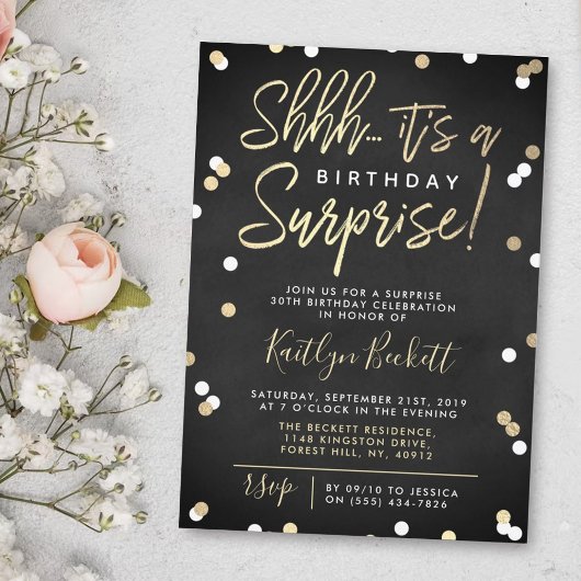 Shhh.. Surprise Birthday Party Gold Foil Confetti Kaart
