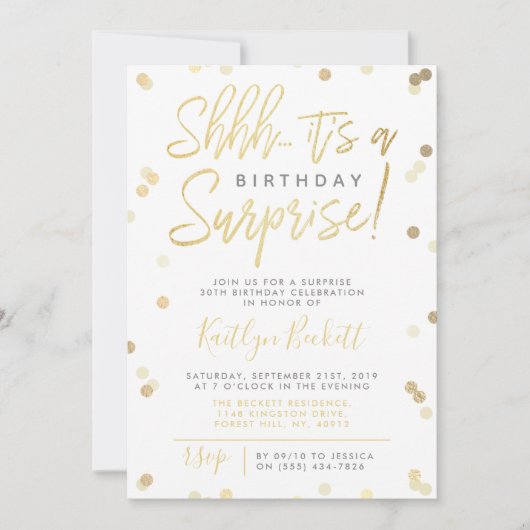 Shhh.. Surprise Birthday Party Gold Foil Confetti Kaart (Voorkant)