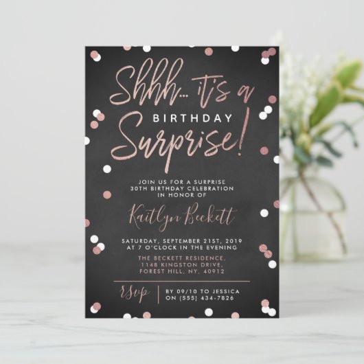 Shhh.. Surprise Birthday Roos Gold Foil Confetti Kaart (Staand voorkant)