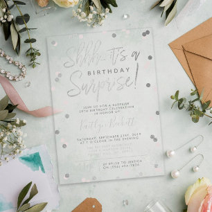 Shhh.. Surprise Birthday Silver Foil Confetti Acryl Uitnodigingen