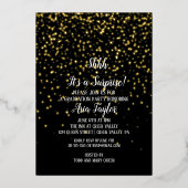 Shhh Surprise-Confetti op Black Afstuderen Gold Folie Uitnodiging (Voorkant)