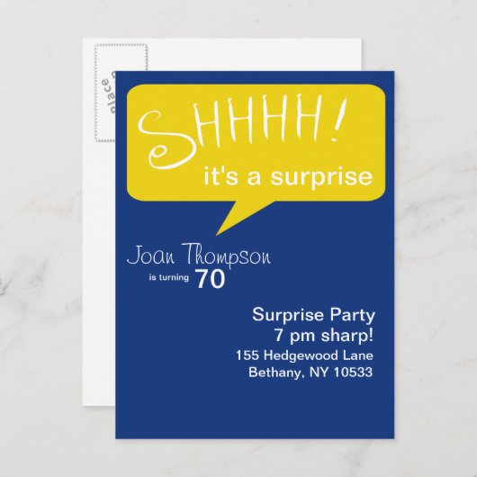 Shhh Surprise Party - Blauw & Goud Uitnodiging Briefkaart (Voorkant / Achterkant)