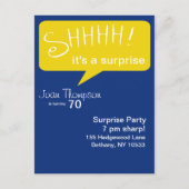 Shhh Surprise Party - Blauw & Goud Uitnodiging Briefkaart (Voorkant)