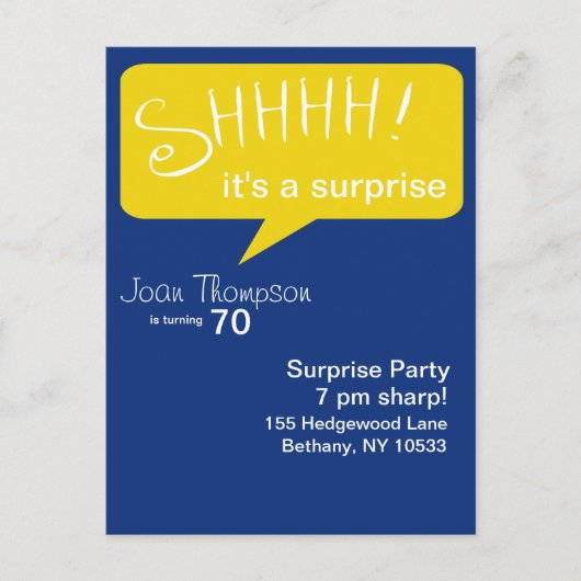 Shhh Surprise Party - Blauw & Goud Uitnodiging Briefkaart (Voorkant)