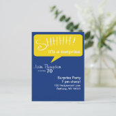 Shhh Surprise Party - Blauw & Goud Uitnodiging Briefkaart (Staand voorkant)