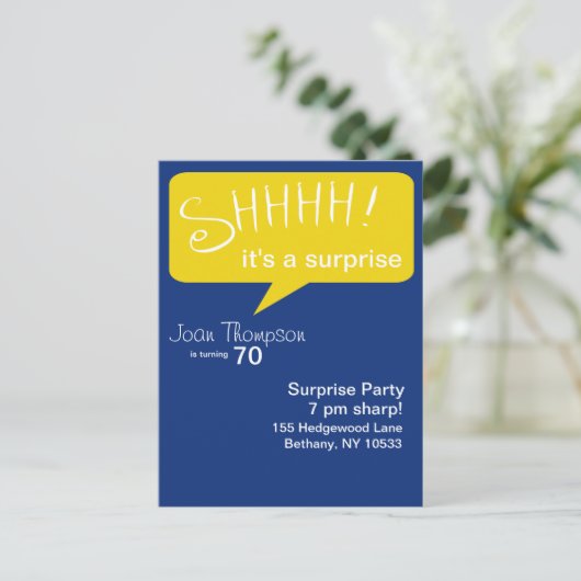 Shhh Surprise Party - Blauw & Goud Uitnodiging Briefkaart (Staand voorkant)