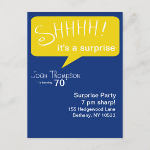 Shhh Surprise Party - Blue & Gold Uitnodiging Briefkaart