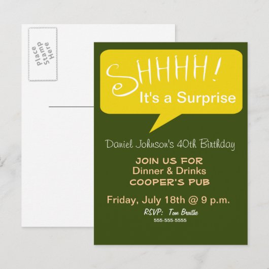 Shhh Surprise Party - Groen & Goud Uitnodiging Briefkaart (Voorkant / Achterkant)