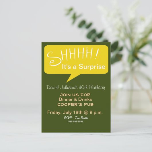 Shhh Surprise Party - Groen & Goud Uitnodiging Briefkaart (Staand voorkant)