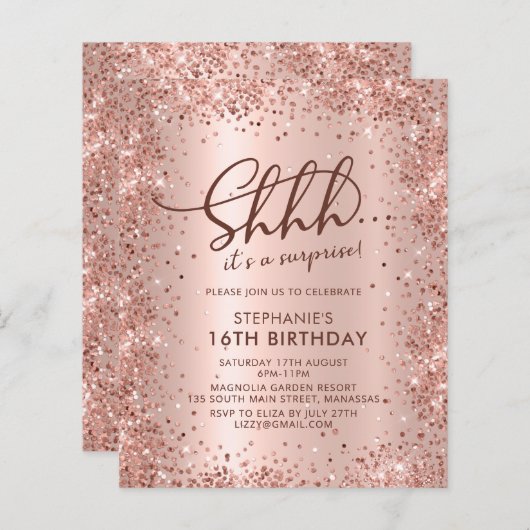 Shhh Surprise Roos Gold Sweet 16 verjaardagsuitnod (Voorkant / Achterkant)