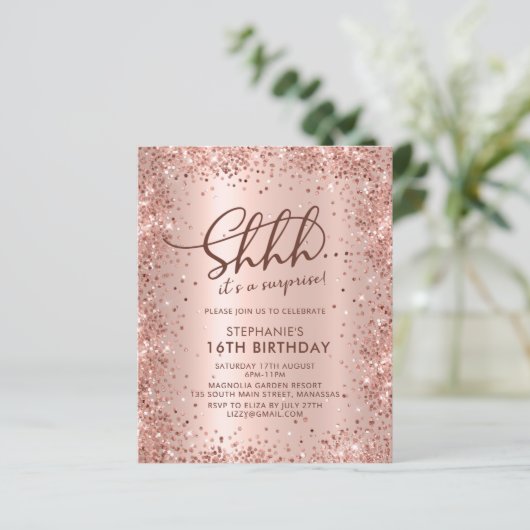 Shhh Surprise Roos Gold Sweet 16 verjaardagsuitnod (Staand voorkant)