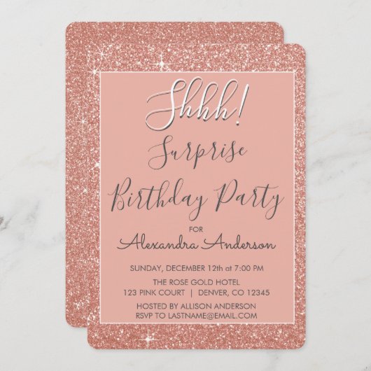 Shhh! Surprise Roos Gold Verjaardagsfeest Kaart (Voorkant / Achterkant)