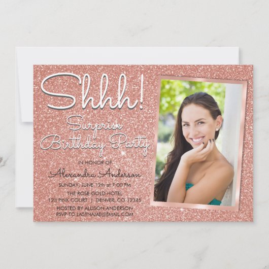 Shhh! Surprise Roos Gold Verjaardagsfeestfoto Kaart (Voorkant)