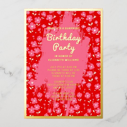 Shhh Surprise Verjaardagsfeest Preppy Roze Bloemen Folie Uitnodiging (Voorkant)