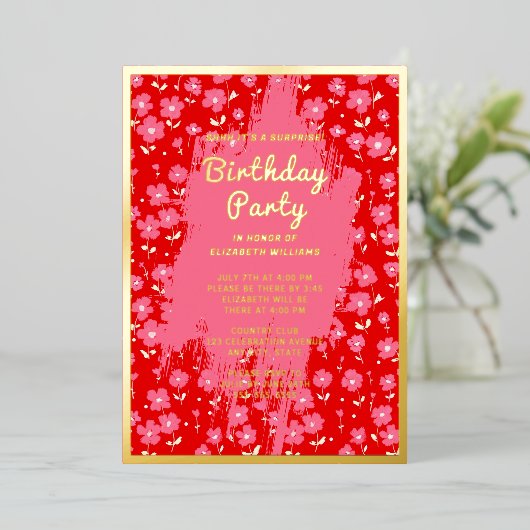 Shhh Surprise Verjaardagsfeest Preppy Roze Bloemen Folie Uitnodiging (Staand Voorkant)