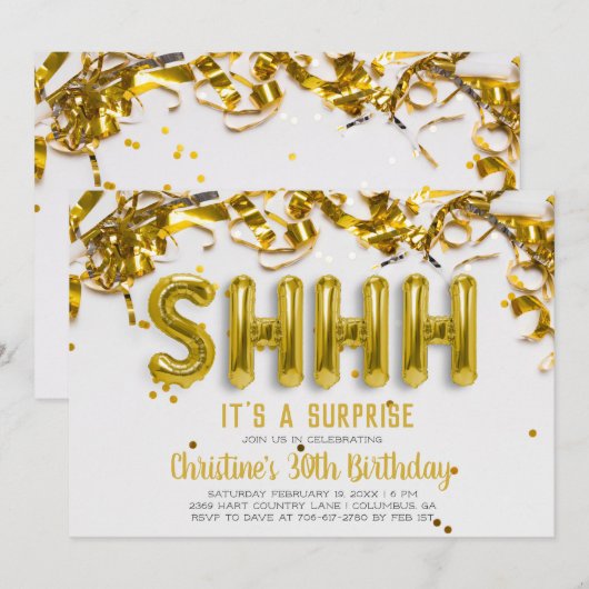 Shhhh Surprise Party Invitation | Goudballonnen Kaart (Voorkant / Achterkant)