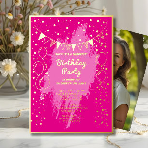 Shhhh Verrassingsverjaardagsfeest Hot Pink Gouden Folie Uitnodiging