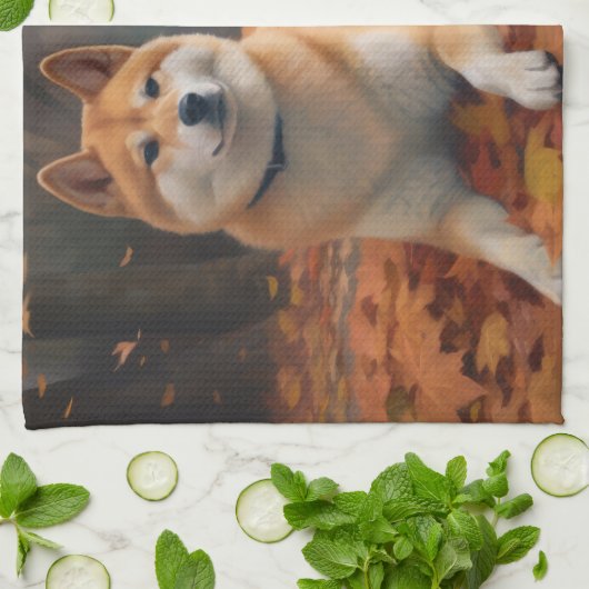 Shib Inu in de herfst laat Herfst inspireren Theedoek (Gevouwen)